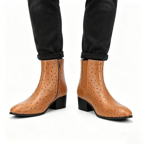 Image of Men'S Classic Leather Chunky Heel Chelsea Boots With Side Zipper Fashion Pointed Toe Elastic Band High Top Block High Heel Formal Chukka Booties For Casual Business Party Wedding