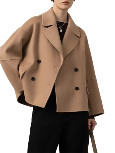 utcoco Women Cropped Wool Pea Coats Notched Lapel Double Breasted Crop Woolen Trench Coat Short Jackets with Pockets