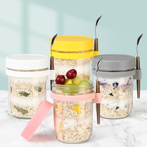 Image of Jars for Overnight Oats, Cereal, Yogurt, fruit,Salad Lunch Container with Measurement Marks16 oz Glass acity Wide Mouth Mason MultiColor 2 Pack (Grey&White-2Pcs)