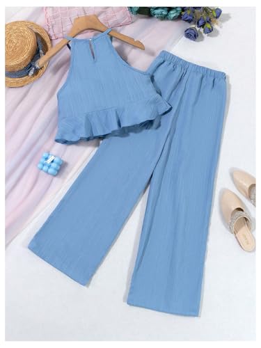 Image of SweatyRocks Girl's 2 Piece Outfits Ruffle Halter Sleeveless Top and Elastic High Waisted Pants Set