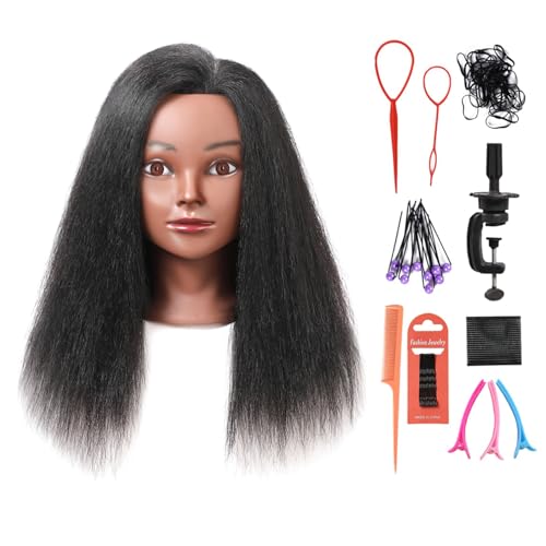 Mannequin Head with 100% Real Hair, 14" Cosmetology Mannequin Manikin Training Practice Doll Head for Hairdresser Braiding Hair Styling Hairdressing and Clamp Holder- Black
