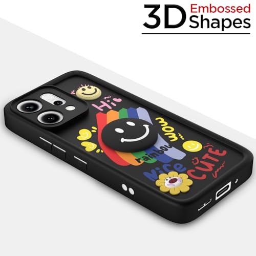 Image of Pikkme Back Cover for Oppo Reno 14 Pro 5G | Soft Silicone| Cute Rainbow Smile & 3D Cartoon Flower Design | Shockproof Raised Camera Protection Bumper Case (Black)