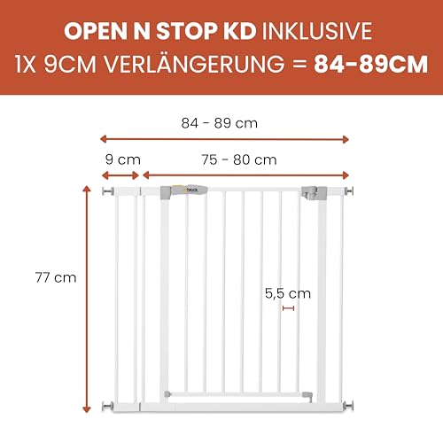 hauck Open N Stop KD + 9 cm Verlängerung, Weiß - Schutzgitter für Türen & Treppen, Breite Verstellbar 84-89 cm, 77 cm Hoch, ohne Bohren, für Kinder & Hunde, Einhändiges Öffnen in beide Richtungen