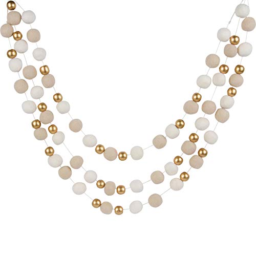 Orchid & Ivy 8 Foot Ivory and Cream Wool Felt Ball Pom Pom Garland with Gold Wood Beads - Vintage Christmas Tree Decor Holiday Party Banner Decoration for Wall, Crafts, Kids Room