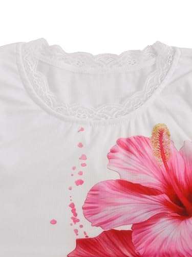 Image of RoseSeek Girl's Ditsy Floral Print Lace T Shirt Short Sleeve Ribbed Ruched Cute Tee Shirts Summer Tops