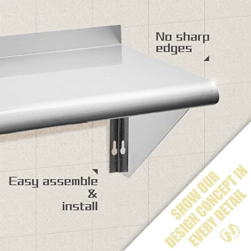 Image of Hally Stainless Steel Shelf 12 x 48 Inches 280 lb, NSF Commercial Wall Mount Floating Shelving for Restaurant, Kitchen, Home and Hotel