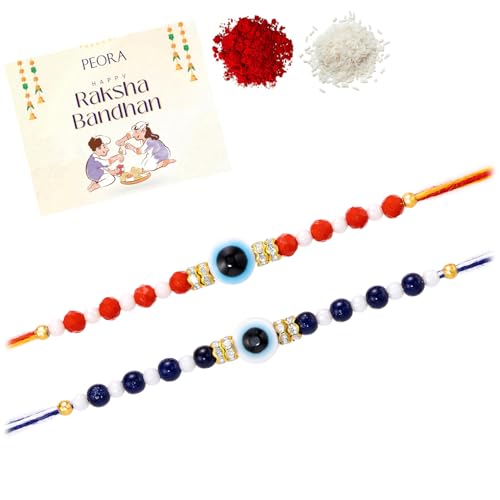 Image of Peora Evil Eye & Crystals Studded Rakhi for Brother Bhaiya | Red Thread | Raksha Bandhan Hamper with Roli Chawal Greeting Card