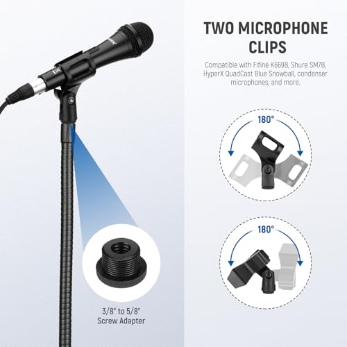 Image of NEEWER Microphone Stand with Flexible Arm, Boom Arm Mic Floor Tripod Mount Holder with Mic Clips, 3 /8 inch to 5 /8 inch Adapter, Cable Clips for Singing Vlogging Live Streaming Video Recording, MS010