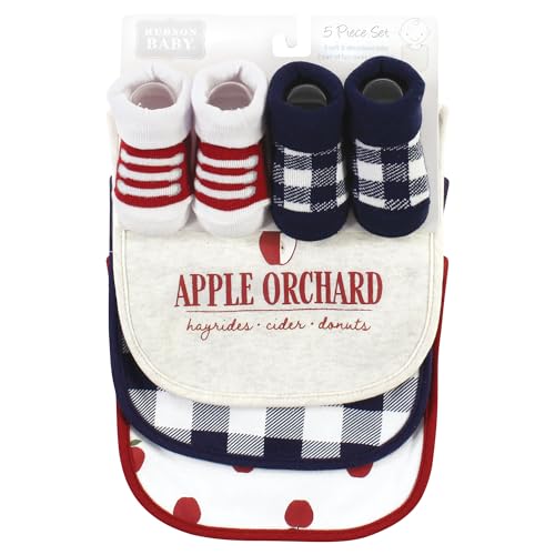 Image of Hudson Baby Unisex Baby Cotton Bib and Sock Set, Apple Orchard, One Size