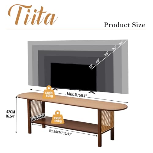 Image of Tiita Walnut Rattan TV Stand for 65-Inch TVs, 2 Open Shelves, Media Console