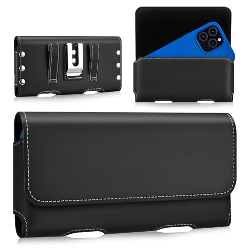 Gcepls Housse de ceinture pour téléphone portable en cuir Crazy Horse horizontal avec clip métallique – Porte-téléphone de ceinture pour hommes –...