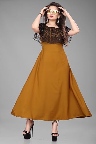 Image of Women's Poly Crepe Round Neck Plain Gown Dress