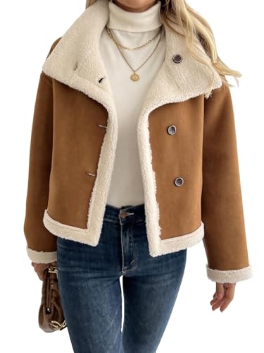 utcoco Womens Reversible Faux Shearling Jacket Button Down Faux Suede Short Coat Fall Winter Casual Outerwear (X-Large Brown)