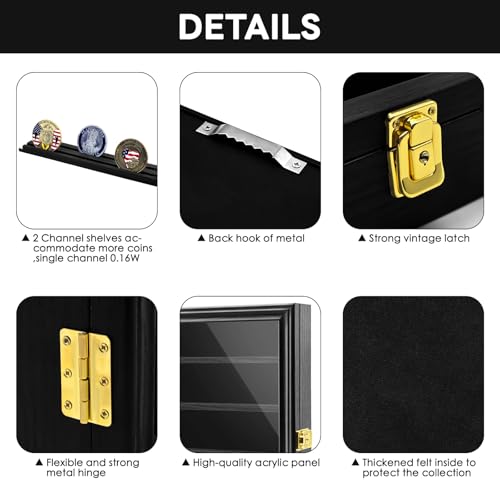 Image of Military Challenge Coin Display Shadow Box Holds Up to 70 Coins, Lockable Wall-Mounted Cabinet for Medals, Pins, Patches & Ribbons, Removable Shelves, Pinnable Velvet Backing, UV Acrylic Door(Black)