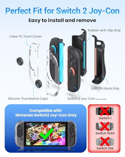 HolyFort Protective Case for Nintendo Switch 2 JoyCon Controller, Clear PC Face Cover, Soft TPU Anti-Slip Grip, Ergonomic Joy-Con Shell for Comfort & Protection, Includes Joy Con 2 Thumb Grips
