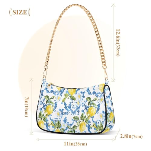 Image of Shoulder Bags for Women Vintage Yellow Lemon Fruit and Blue Print Hobo Tote Handbag Small Clutch Purse with Zipper Closure