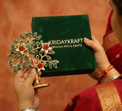 Image of Metal Kalpavriksha Tree for Home Decor - Golden Wish Fulfilling Tree Metal Showpiece for Temple, Vastu, Office Table & Gifting Banyan (No 1 Golden Stone with Box)