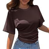 Camiseta de Manga Corta con Cuello Redondo y diseño Coreano Sense para Mujer, Nueva Camiseta de Verano Holgada de Color sólido a Juego para Mujer # L