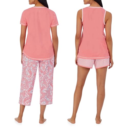 Image of Carole Hochman Women's 4-Piece 100% Cotton Pajama Set - V-Neck T-Shirt, Tank, Capri Pants & Shorts with Drawstring & Pockets