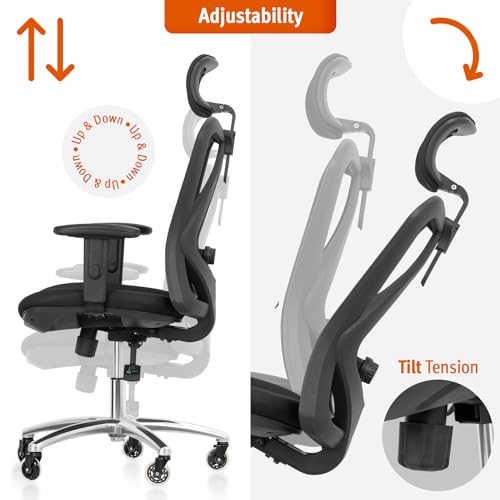 Ergonomic Office Chair - Adjustable Desk Chair with Lumbar Support and Rollerblade Wheels - High Back Chairs with Breathable Mesh - Thick Seat Cushion, Head, and Arm Rests - Reclines (Black)