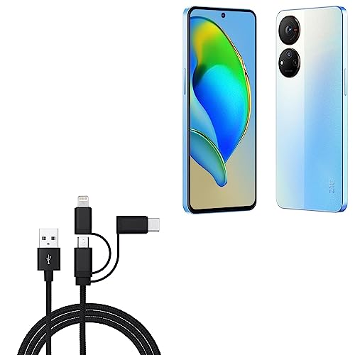 BoxWave Cable Compatible with ZTE Axon V40s - AllCharge 3-in-1 Cable for ZTE Axon V40s - Jet Black