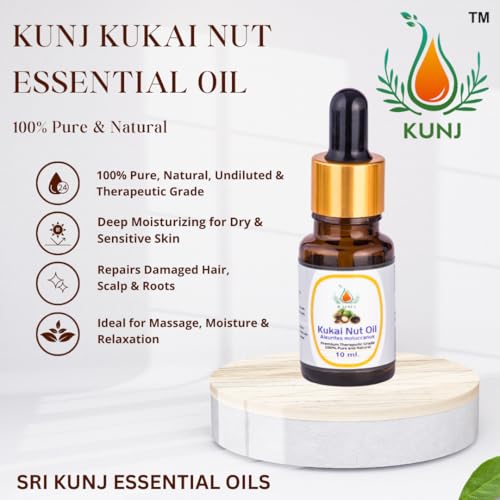 Image of KUNJ Kukui Nut Oil (Aleurites moluccanus) 10ML - 100% Pure & Natural, Cold Pressed, Undiluted - Therapeutic Grade Carrier Oil for Skin Care, Hair Nourishment & Hydration