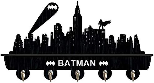 FANCYLIFE Awesome Batman Wall Mounted Wooden Key Hook Coat Rack,Farmhouse Mounted Coat Rack and Upper Shelf for Storagewith 5 Dual Vintage Durable Metal Hooks