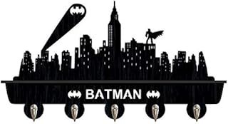 FANCYLIFE Awesome Batman Wall Mounted Wooden Key Hook Coat Rack,Farmhouse Mounted Coat Rack and Upper Shelf for Storagewith 5 Dual Vintage Durable Metal Hooks