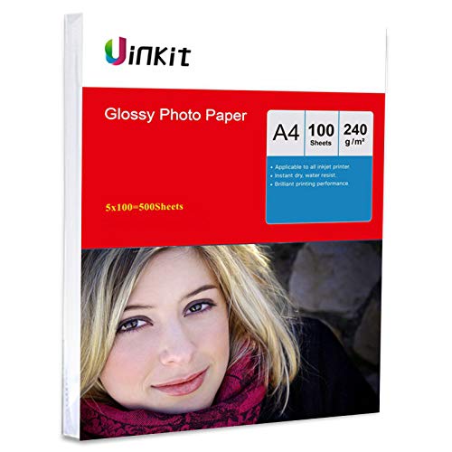 500 hojas A4 papel fotográfico de alto brillo, papel de inyección de tinta, para impresión de inyección de tinta, Uinkit 240Gsm x 500sheets Cover