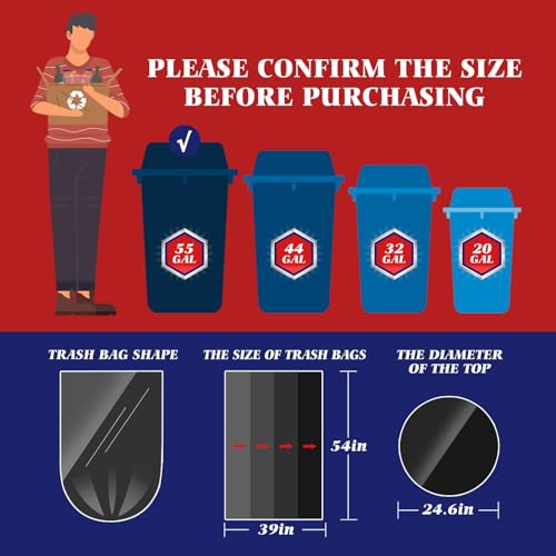 Image of Teivio 55-60 Gallon Black Trash Bags 20 Bags Extra Large Garbage Bags - 39 inch x 53 inch | Fit 45,49,50,55,60 gal Lawn And Leaf Bags Multi-Use Commercial | Outdoor Yard Waste Bag | Workshops Trash Bin Liner