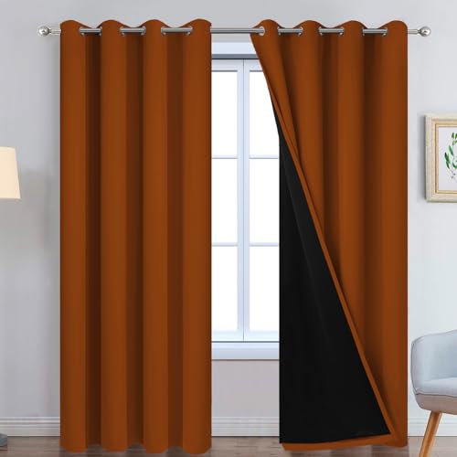 Image of Yakamok Orange 100% Blackout Curtains, Total Blackout Lined Curtain Panels for Bedroom, 2 Thick Layers Grommet Top Thermal Insulated Blackout Drapes for Living Room(52Wx84L, Burnt Orange, 2 Panels)