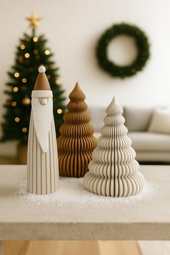 Pentamenta Pack 3 Figuras Decorativas de Navidad Modernas – Papá Noel y Árboles Minimalistas 3D – Adornos Escandinavos para Decoración Navideña del Hogar – Estilo Nórdico en Colores Neutros