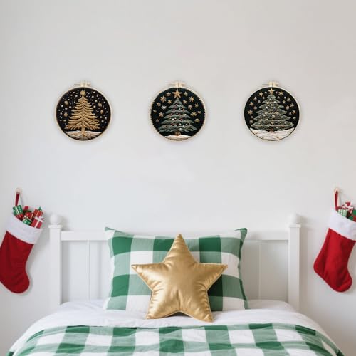 Image of EOBTAIN 3 Pcs Merry Christmas Embroidery Kit for Beginners,Green Gold Christmas Tree Embroidery Starter Kit Xmas Winter Snow Stamped Patterns with Hoop,Thread,Needles,Hand DIY Craft Kits for Adults
