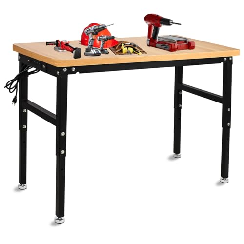 48'' Adjustable Workbench with Power Outlet, 2000 Lbs Capacity Work Benches for Garage, Wood Heavy Duty Work Bench,Shop Table for Shop Office Home Commercial
