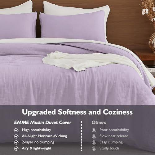Image of EMME Muslin Cotton Duvet Cover Set Lavender Twin Size Linen Like Soft Breathable Lightweight Summer Comforter Cover Set with Zipper Closure (Lavender, Twin, 68 inchx90 inch)