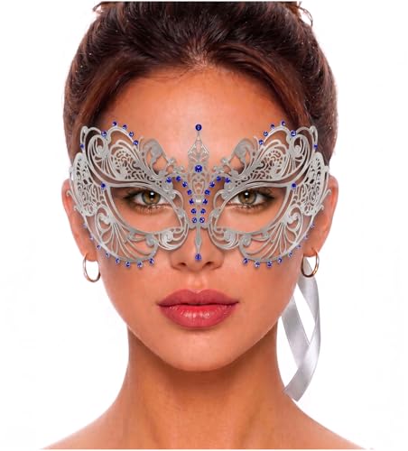 Image of Masquerade Mask for Women with Rhinestones - Elegant Metal Half Face Mask for Masquerade Parties, Mardi Gras, & Themed Events