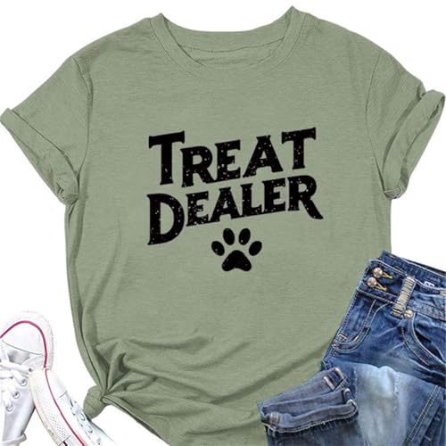 Semisun Treat Dealer T Shirt for Women Cute Dog Paw Print Graphic Tees Funny Dog Mom Shirt Puppy Lover Gifts Casual Tops Olive Green