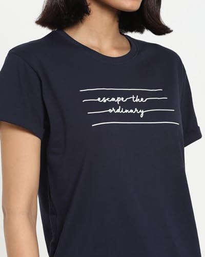 Image of Bewakoof Women's Cotton Printed Not Ordinary Boyfriend Half Sleeve | Round Neck | Regular Fit T-Shirt /Tee Blue 01, S