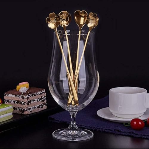 Image of Gold Tone Dessert Spoon Set with Decorative Flower and Heart Shaped Spoon Heads (Pack of 8)