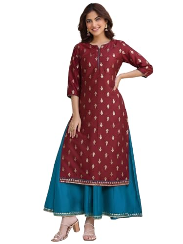 Image of Janasya Women's Silk Blend Foil Printed Anarkali Ethnic Dress with Inner