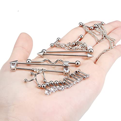 Dyknasz 21Pcs 14G Industrial Earrings Stainless Steel Industrial Barbell Cartilage Earrings with Chain Triple Forward Helix Stud Tragus Ear Hoop Ring Piercing Jewelry for Women Men3