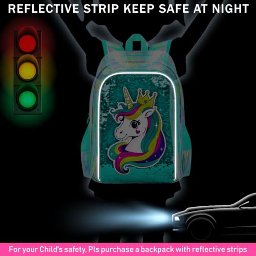 Image of CCJPX 16 inch Unicorn Backpack for Girls, 3Pcs Kids Sequin Bookbag with Lunch Box, Water Resistant Elementary School Bag for Kindergarten Preschool Toddler (Green)
