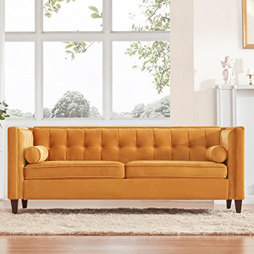 Dreamsir 78'' W Velvet Sofa, Mid-Century Love Seats Sofa Furniture With Bolster Pillows, Button Tufted Couch For Living Room, Tool-Free Assembly (Sofa, Ginger) #TOP1