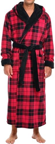 Men's Plush Fleece Hooded Robe with Pockets, Long Bathrobe