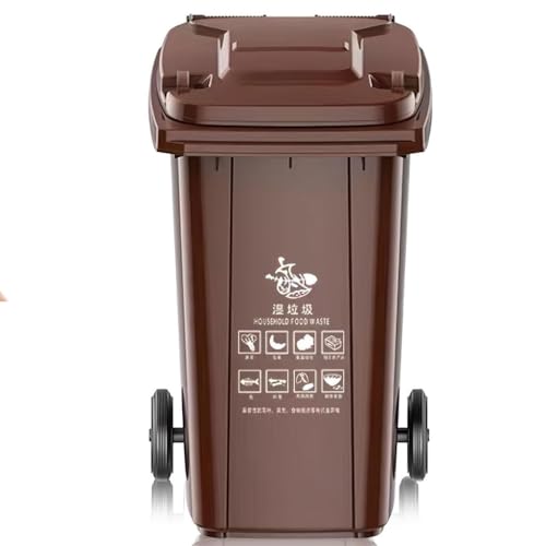Cubo de basura resistente con ruedas de 100 litros con tapa, contenedor de basura industrial para exteriores, patio, terraza o garaje, contenedor de plástico resistente a la intemperie, color marrón