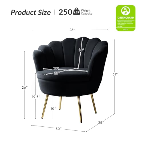 Image of HULALA HOME Modern Velvet Accent Chair with Shell Shaped Back, Cute Living Room Bedroom Armchair Sofa Chair with Gold Legs, Comfy Upholstered Vanity Chair for Makeup Room, Black