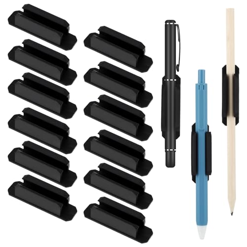 Amabro 12 PCS Adhesive Pencil Pen Holder, Silicone Pen Holder for Desk Wall Marker Clip Pencil Holder with Adhesive Stickers for Clipboard School Office Teacher Classroom Organizer Accessories