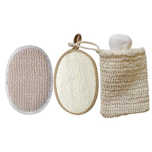 DOITOOL 3 Pcs Natural Loofah Bath Set Exfoliating Loofah Pads Facial Body Scrubber for Bath Spa Shower (2 White Loofah Bath Brush+ 1 Cotton and Linen Soap Bag)