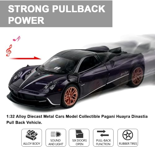 Alloy Diecast Metal Cars Model Collectible Pagani Huayra Dinastia 1:32 Pull Back Vehicle Toy for Kids Boys Girl Gift (Purple)