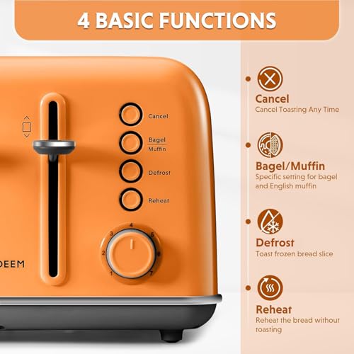 Image of BUYDEEM DT640 4-Slice Toaster, Extra Wide Slots, Retro Stainless Steel with High Lift Lever, Bagel and Muffin Function, Removal Crumb Tray, 7-Shade Settings,Orange
